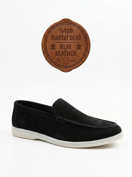 ET0252 %100 İçi Dışı Hakiki Deri Erkek Siyah Süet Casual Loafer Termo Taban Ayakkabı ürün görseli 1