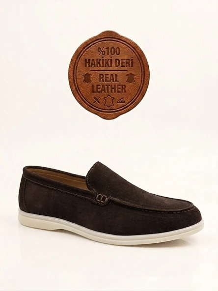 ET0252 %100 İçi Dışı Hakiki Deri Erkek Kahverengi Süet Casual Loafer Termo Taban Ayakkabı ürün görseli 1
