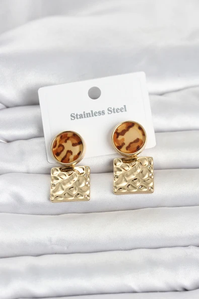 316L Çelik Gold Renk Leopar Desenli Plaka Model Kadın Küpe TJ-BKP11832 ürün görseli 1