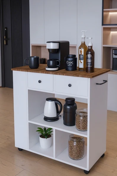 moka park avm Tekerlekli i Kahve Köşesi Dolabı Oval Kenarlı Mikrodalga ve Tost Makinesi Uyumlu, Modern Tasarım ürün görseli 1