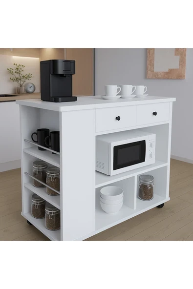 moka park avm Tekerlekli i Kahve Köşesi Dolabı Oval Kenarlı Mikrodalga ve Tost Makinesi Uyumlu, Modern Tasarım ürün görseli 1