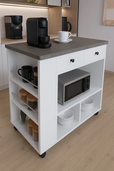 moka park avm Tekerlekli i Kahve Köşesi Dolabı Oval Kenarlı Mikrodalga ve Tost Makinesi Uyumlu, Modern Tasarım ürün görseli 1
