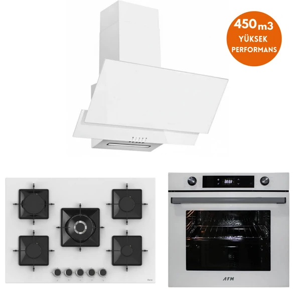 AFM Tech ve Ferre Marka / Raven 5 Gözlü  Beyaz Ankastre Set ( SS036 75cm 1'wok + FM7701 + FM3301 ) ürün görseli 1