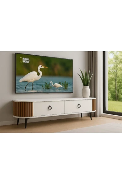 moka park avm Linea 150 lik Ovalli Çıtalı 2 Kapaklı TV Ünitesi – Ceviz Detaylı, 150 cm, Duvara Monte Edilebilir ürün görseli 1