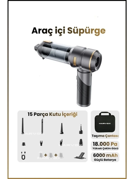 Bagajon Harvox 18.000 Pa Güçlü Profesyonel Araç Süpürgesi I6000 mAh Batarya Taşınabilir,Üflemeli, Çantalı Gri-Kahve ürün görseli 1