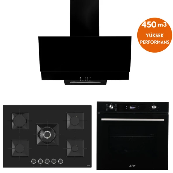 AFM Tech ve Ferre Marka / Lugan  5 Gözlü  Siyah Ankastre Set ( RS035 75cm 1'wok + FM7700 + FM3250 ) ürün görseli 1