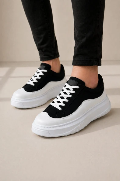 JET-507 Dara Bağcıklı Süet Cilt Erkek Günlük Sneaker Ayakkabı SCBT Siyah/Beyaz ürün görseli 1