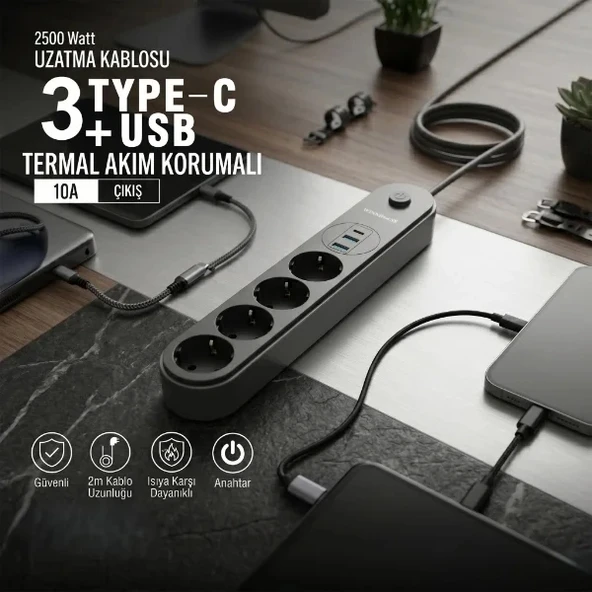 Termal Akım Korumalı 4 Prizli USB Girişli Uzatma Kablosu ürün görseli 1