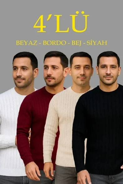Erkek Fitilli Triko Bisiklet Yaka Kalın Kazak 4lü Set Beyaz-Bebek Mavisi-Gri-Siyah ürün görseli 1