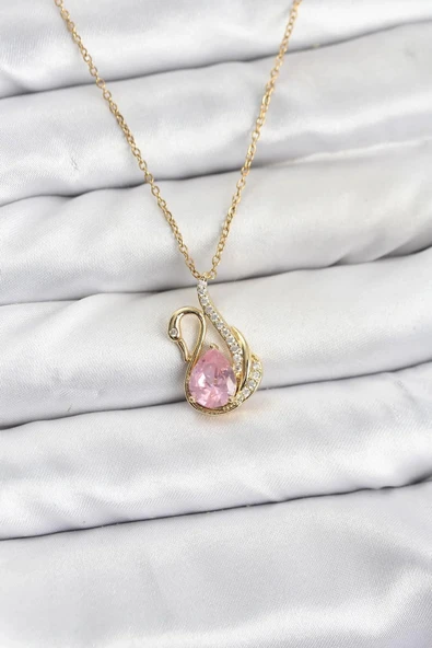 316L Çelik Zincir Gold Renk Pembe Kuğu Model Zirkon Taşlı Kadın Kolye ürün görseli 1