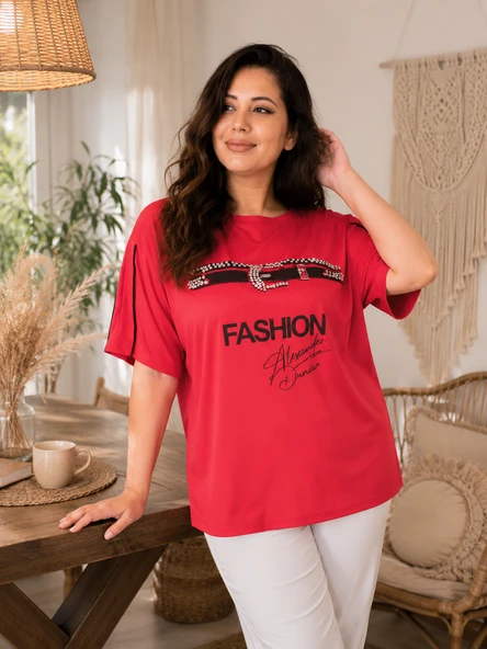 Büyük Beden Fashion Yazı Baskılı Taş Kemer Detaylı Kısa Kollu Kadın Bluz ürün görseli 1