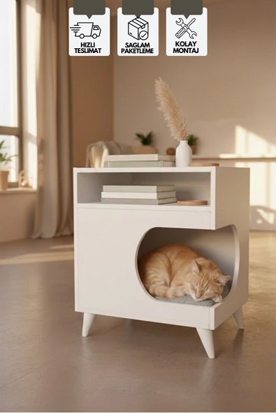 Minderli Kedi Evi, Yan Sehpa, Çok Amaçlı Sehpa, Modern Kedi Yuvası 59x60 Cm, Minder Dahil ürün görseli 1