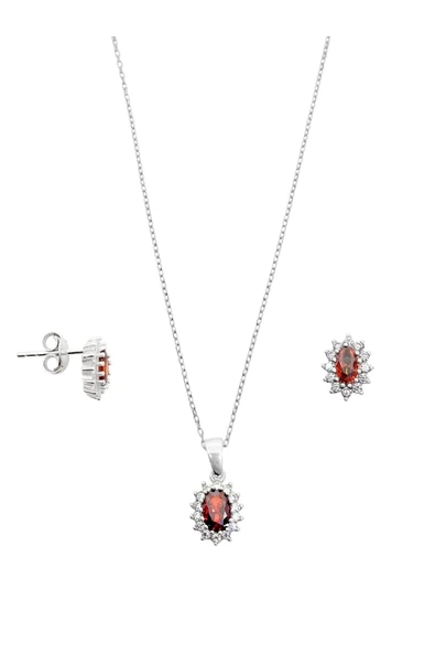 Mini Beyaz Işıltı Çevrili Lal Taşlı Oval Kadın Kolye Küpe Gümüş Set ürün görseli 1