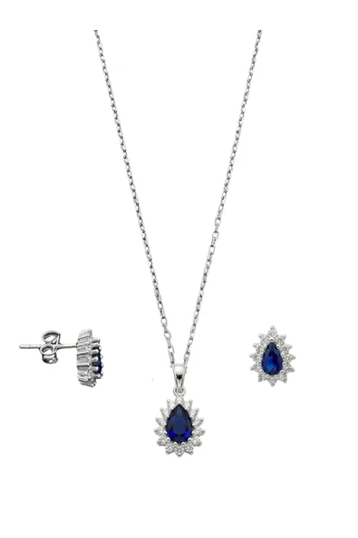 Minimal Safir Taşlı Damla Gümüş Kadın Kolye Küpe Set ürün görseli 1