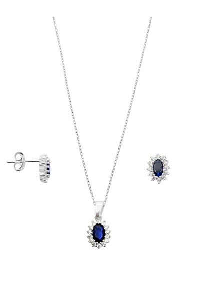 Mini Beyaz Işıltı Çevrili Safir Taşlı Oval Kadın Kolye Küpe Gümüş Set ürün görseli 1