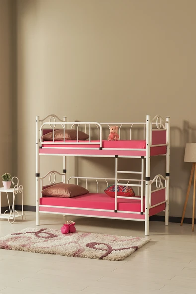 ARGİMO Zümrüt Bebek Çocuk Odası Ahşap Başlık Metal Ranza Ve Karyola 80x160 Beyaz Pembe Ranza ürün görseli 1