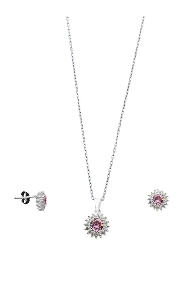 Minimal Klasik Anturaj Modeli Pembe Kuvars Taşlı Gümüş Kolye & Küpe Seti ürün görseli 1