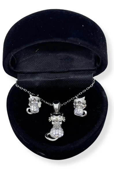 Zirkon Taşlı Kedi Gümüş Set&Takım ürün görseli 1