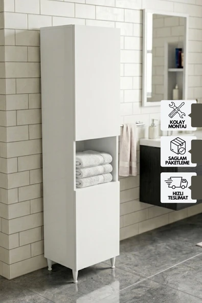 Çamaşır Sepetli Ayaklı Banyo Boy Dolabı, Çok Amaçlı Banyo Dolabı ürün görseli 1