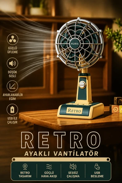 Şarjlı Masaüstü Mini Vantilatör Fan Retro Tasarım Vintage Mini Üfleme Şarjlı 1800mAh Batarya 3 Mod ürün görseli 1