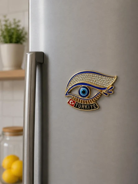 Magnet Nazar Boncuklu Göz Figürlü Türkiye Buzdolabı Süsü – Metal Taşlı Dekoratif Hediyelik Magnet 7x5 cm ürün görseli 1