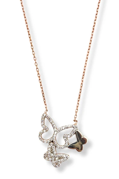 Rose Gold Beyaz Işıltı Üç Kelebek Hayalet Gümüş Kadın Kolye ürün görseli 1