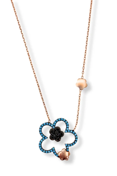 Rose Gold Turkuaz Işıltılı Çiçekler Hayalet Gümüş Kadın Kolye ürün görseli 1