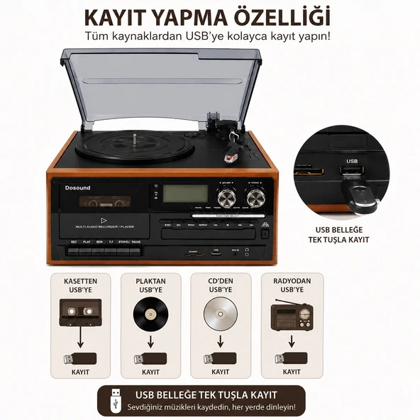 PTTAVM: Dosound TR-17S Ahşap Çok Fonksiyonlu Pikap Kaset CD USB