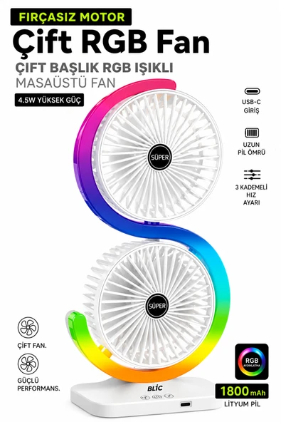 Şarjlı Vantilatör Masaüstü Fırçasız Motor Çift Başlıklı Fan 5 Kademe RGB Led Işıklı Vantilatör 1800 mAh Şarjlı ürün görseli 1