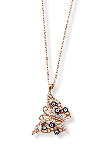 Işıltılı Rose Gold Nazarlı Kanat Kelebek Kadın Hayalet Gümüş Kolye ürün görseli 1