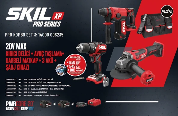 SKIL PRO KOMBO SET 3 (20V MAX KIRICI DELICI + AVUÇ TASLAMA+ DarbelI Matkap + 3 AKÜ + Sarj CIHAZI) ürün görseli 1