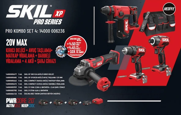 SKIL PRO KOMBO SET 4 (20V MAX KIRICI DELICI + AVUÇ TASLAMA+Matkap VIdalama + DARBELI VIDALAMA + 4 AKÜ + Sarj CIHAZI) ürün görseli 1