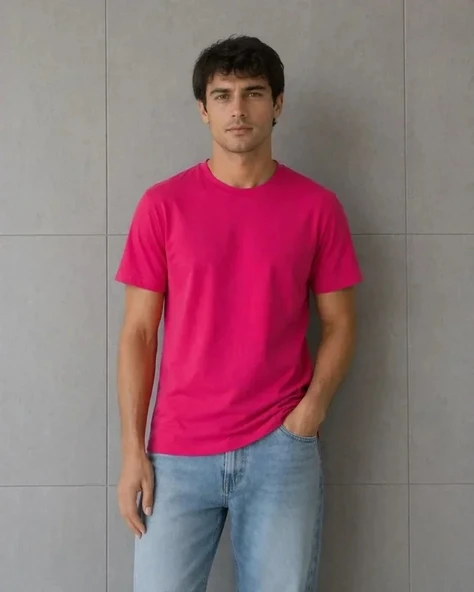 Erkek Basic Pamuklu Tişört Bisiklet Yaka Düz Renk Regular Fit T-Shirt - Fuşya ürün görseli 1