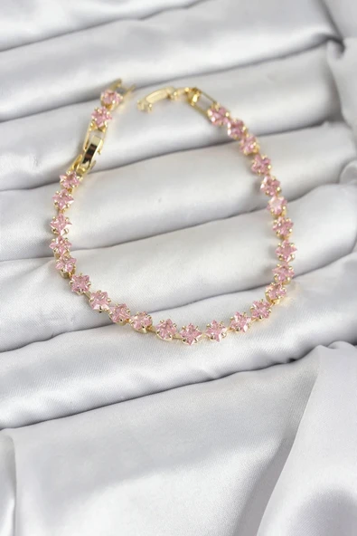 Pembe Kare Zirkon Taşlı Gold Renk Pirinç Su Yolu Kadın Bileklik ürün görseli 1