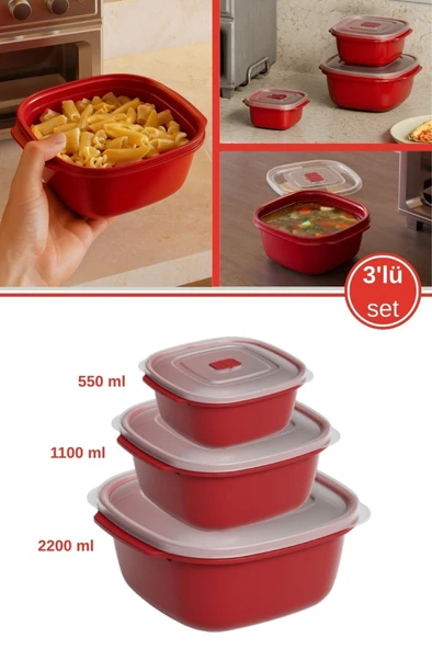 3 Boy Mikrodalga Fırına Uygun Saklama Kabı Seti, Dayanıklı Sağlıklı 3'lü Kap Seti (550,1100,2200 ml) ürün görseli 1