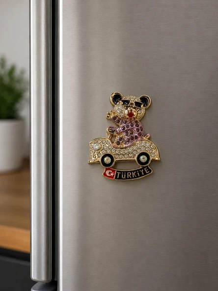 Magnet Ayıcıklı Araba Figürlü Taşlı Metal Buzdolabı Süsü – Türkiye Yazılı Dekoratif Hediyelik Magnet ürün görseli 1