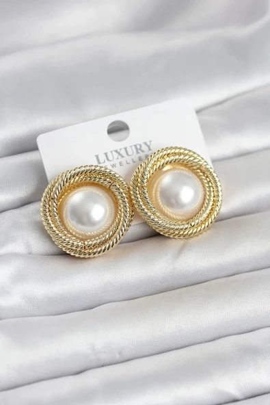 Pirinç Gold Renk Sarmal Model İncili Kadın Küpe ürün görseli 1