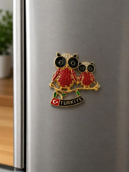 Magnet Baykuş Figürlü Türkiye Hatıra Buzdolabı Süsü Taşlı Metal Dekoratif Magnet 7x6 cm ürün görseli 1