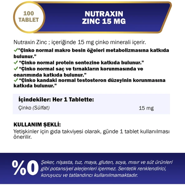 Nutraxin Zinc 15 Mg 100 Tablet ürün görseli 1