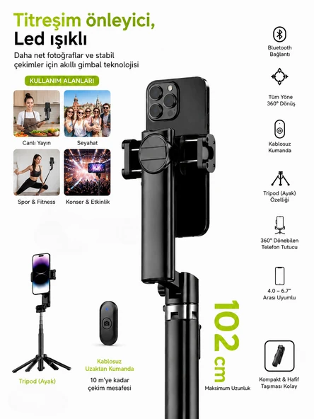 450mAh Akıllı Gimbal Tripod Bluetooth Selfie Çubuğu LED Işıklı Titreşim Önleyici Alüminyum ürün görseli 1