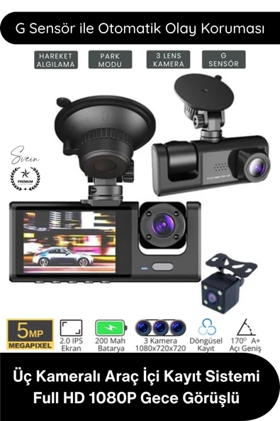 #Kamera Üç Kameralı Araç İçi Kayıt Sistemi Full HD 1080P Gece Görüşlü G Sensörlü Park Modlu Ön Arka İç Kamera IPS Ekran ürün görseli 1