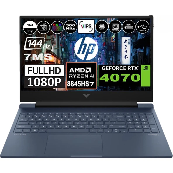 HP Victus 16 Amd Ryzen 7 8840H 48GB Ddr5 512GB SSD RTX4070 (8gb) 144Hz 7ms 300NİT 16.1 Inç WINDOWS11 Fullhd Gaming Laptop A05N7EA ürün görseli 1