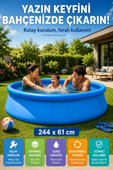 Easy Kolay Kurulum Mavi Şişme Bahçe Havuzu 244x61 cm Aile Boyu Yazlık Havuz Keyfi Seti ürün görseli 1