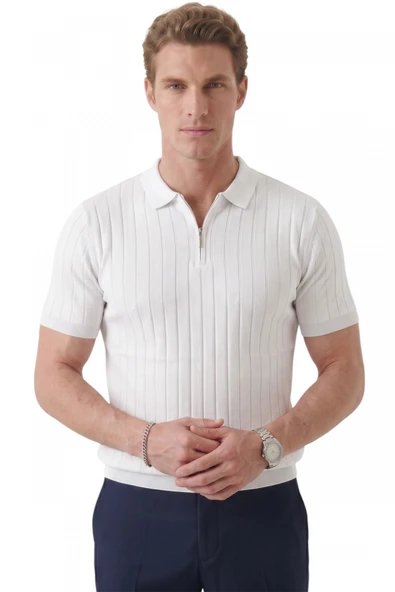DeepSEA Erkek Polo Yaka Fermuarlı Çizgi Dokulu Regular Fit Likralı Triko Tişört 2608008 ürün görseli 1