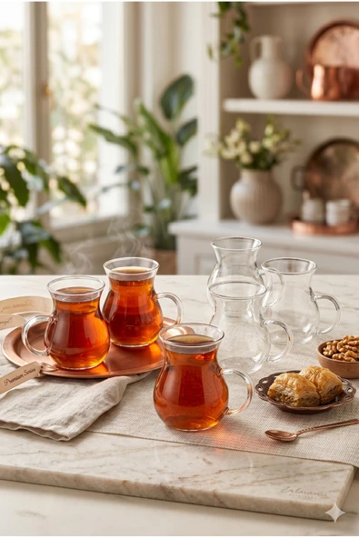 6'lı Isıya Dayanıklı Kulplu Cam Çay Bardağı Takımı 160 ml Bohem Minimalist Modern Tasarım Şık Sunum ürün görseli 1