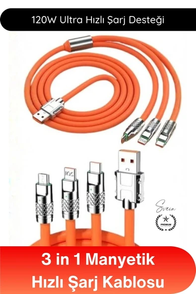 #ŞarjKablosu 3in1 Manyetik Hızlı Şarj Kablosu 120W Type C Lightning Micro USB Çinko Alaşımlı 1.2 Metre Dolaşmaz Data Ver ürün görseli 1