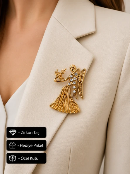 Hediye Melek Kanatlı Başak Burç Kadın Broşu Zirkon Taş Detaylı Gold Rozet ürün görseli 1
