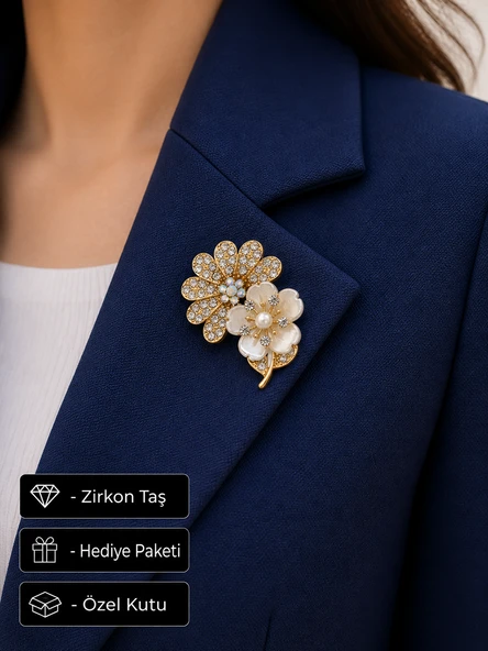 Hediye Gold Renk İnci Detaylı Çiçek Tasarım Taşlı Kadın Broşu ürün görseli 1