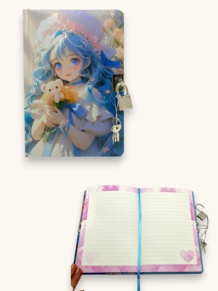 Kore Kız Hatıra Defteri (Günlük) Kilitli Defter 80 yaprak -Mavi ürün görseli 1