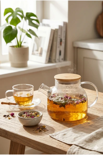 800 ml Borosilikat Isıya Dayanıklı Cam Demlik Bambu Kapaklı Süzgeçli Ateşe Dayanıklı Şık Bitki Çayı ürün görseli 1